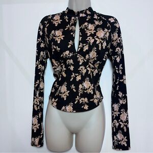 Free People Boho Whimsigoth Fairy Grunge Floral Cut-Out Peep Mockneck Structured